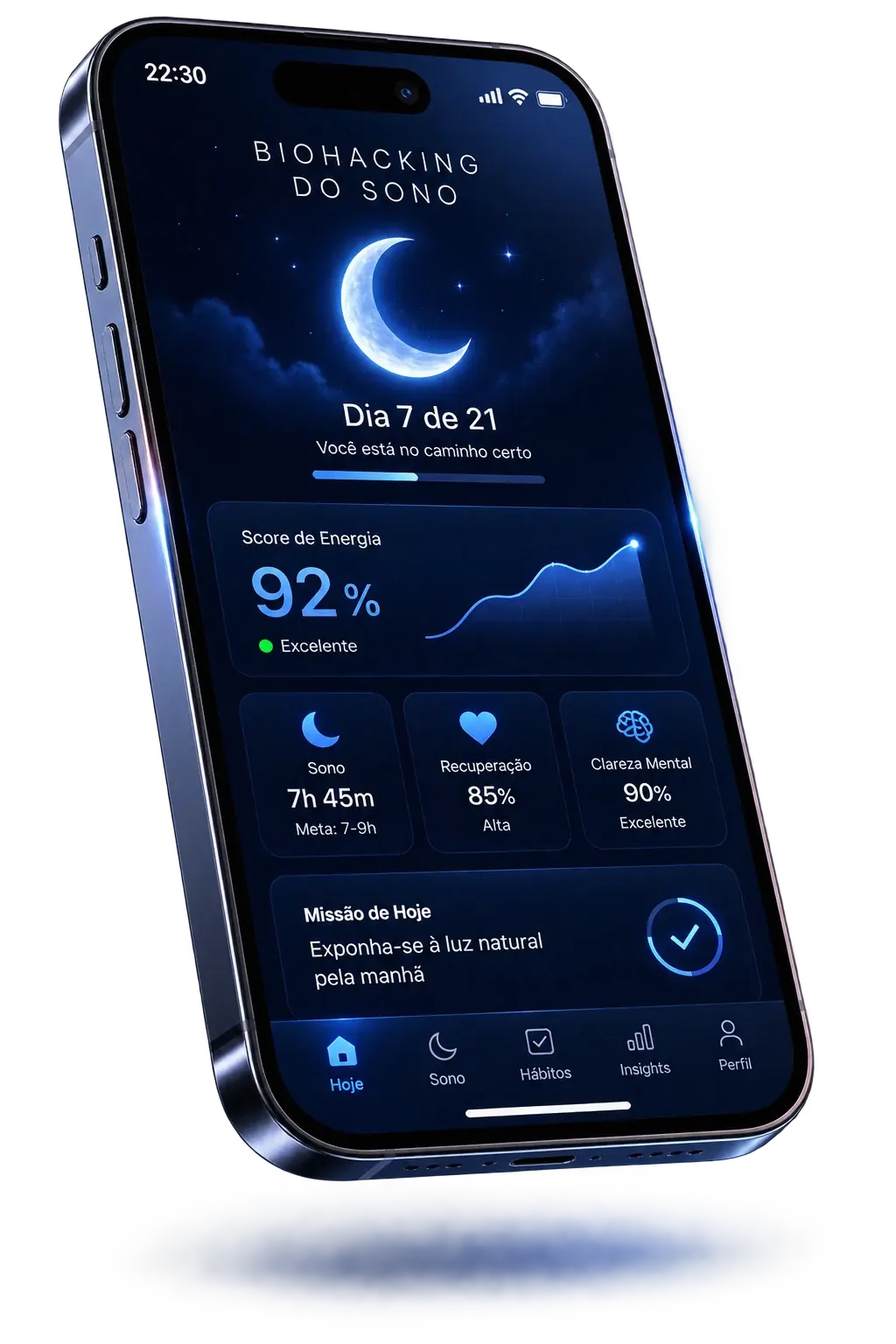 Mockup do app Biohacking do Sono aberto em um celular