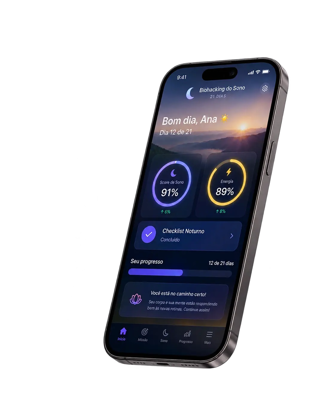 Dashboard inicial do app com score de sono e energia do Biohacking do Sono